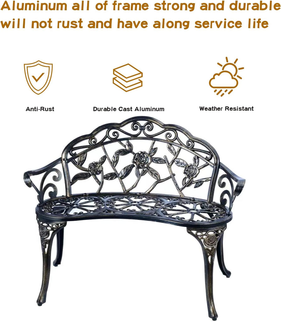 Patio Garden Bench Metal Park Bench Cast Aluminum Outdoor Furniture with Floral Rose ,Park,Lawn,Yard (Copper)