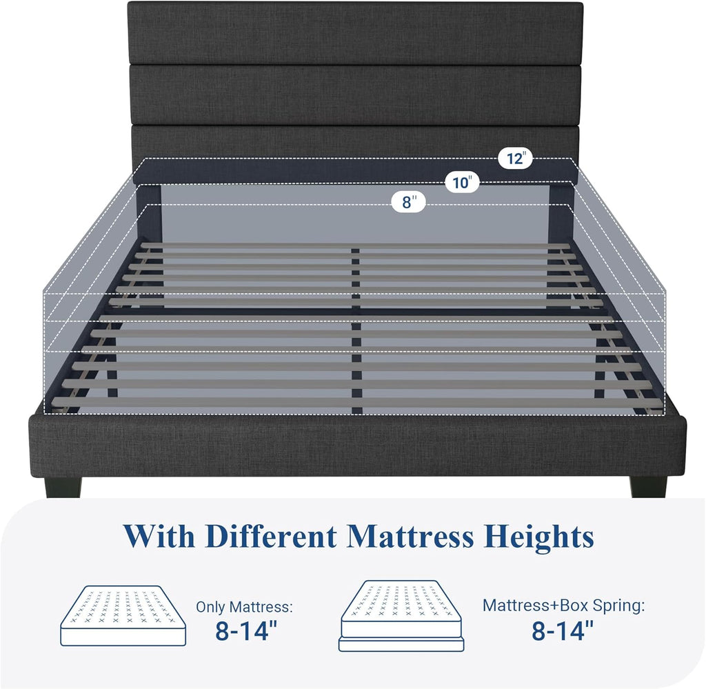 Queen Platform Bed Frame with Fabric Upholstered Headboard and Wooden Slats Support