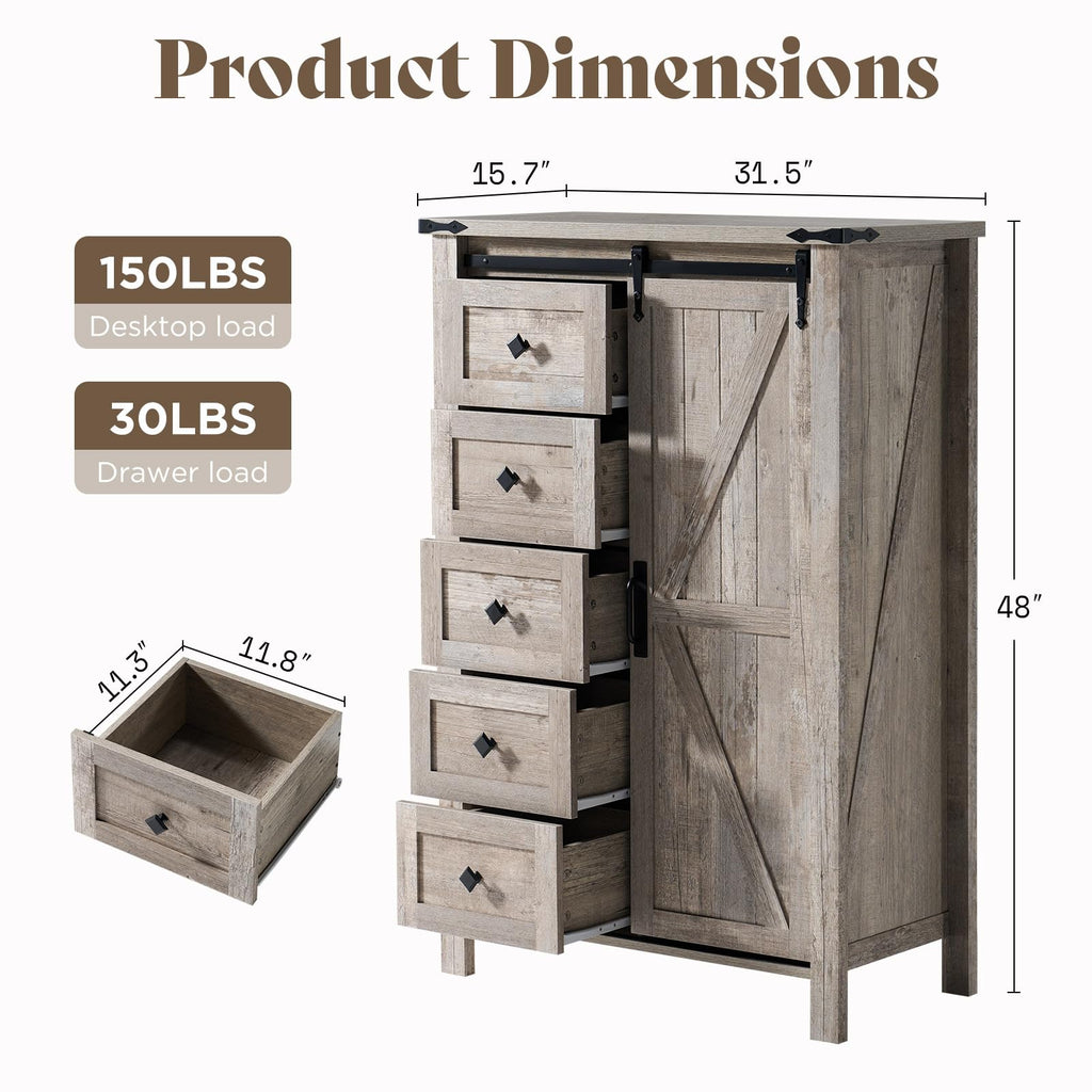 31.5" Farmhouse 5-Drawer Dresser with Barn Doors, Light Rustic Oak