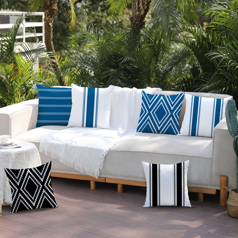 Outdoor Blue Waterproof Geometry Pillow Covers 20x20 Set of 4