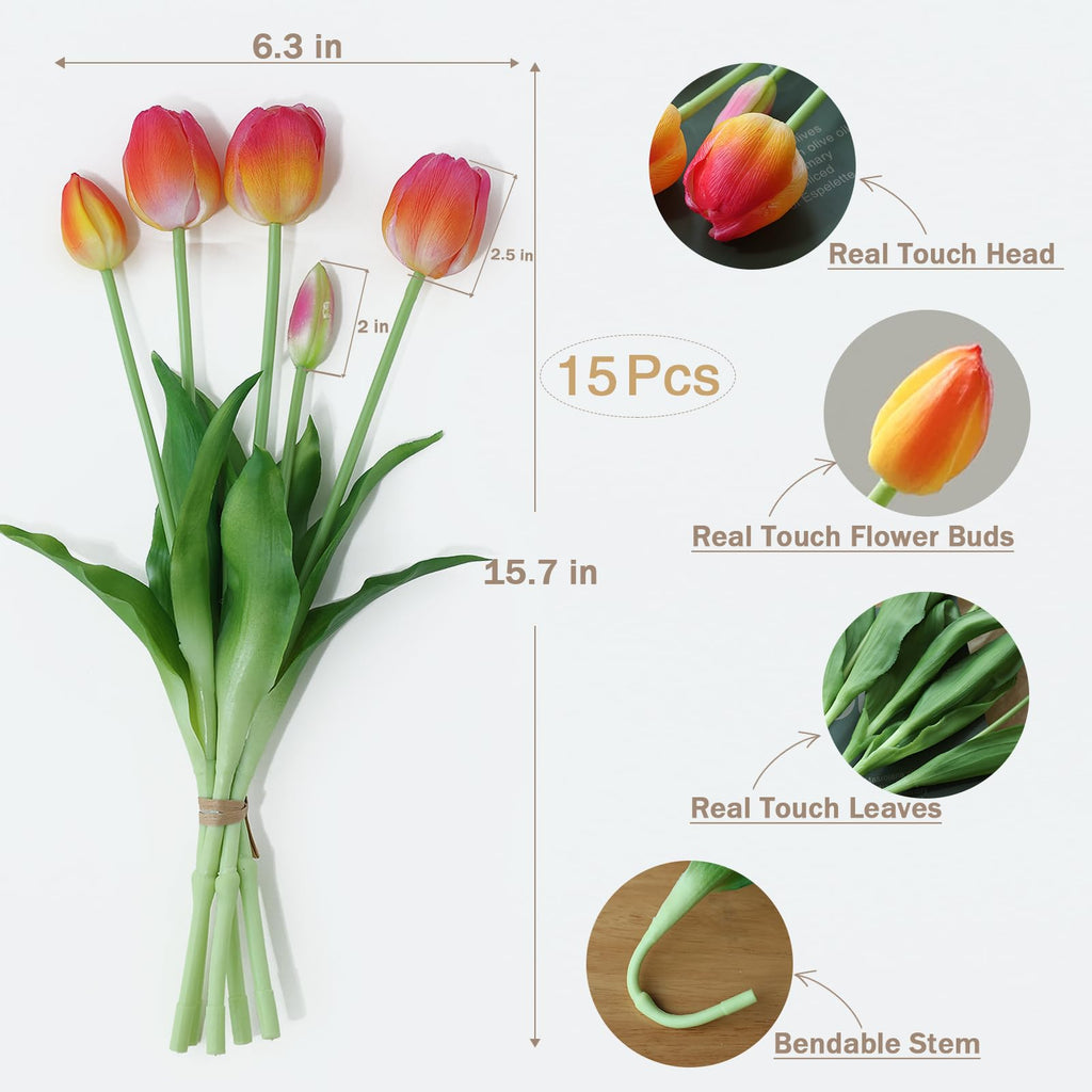15Pcs Pink Tulips Artificial Flowers Latex Plastic Real Touch Fake Tulips Flowers Look Real Faux Tulip Flower Bouquet