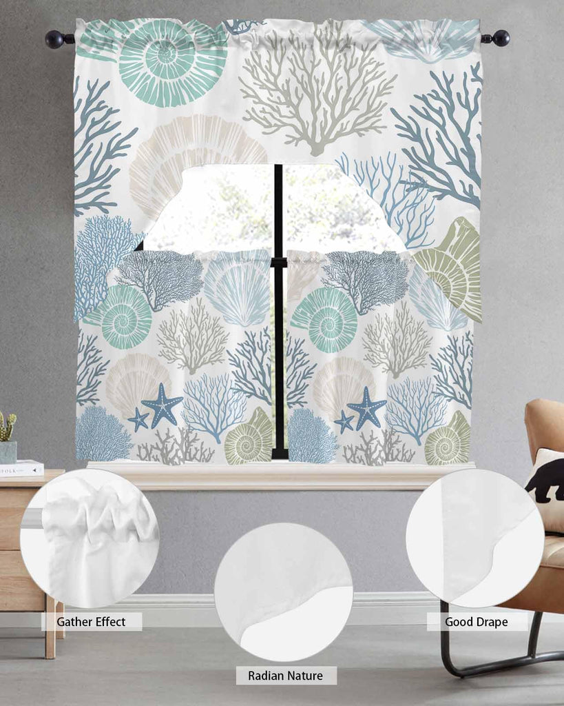 Kitchen Curtains Sets 24 Inch Length with Valance, Ocean Coral Seashell Starfish Abstract Swag Valances for Windows