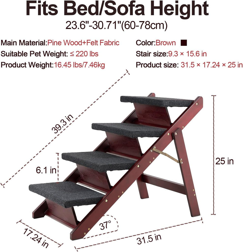 Wooden Pet Stairs - 4 Step Foldable Ramp for Senior Dogs & Cats