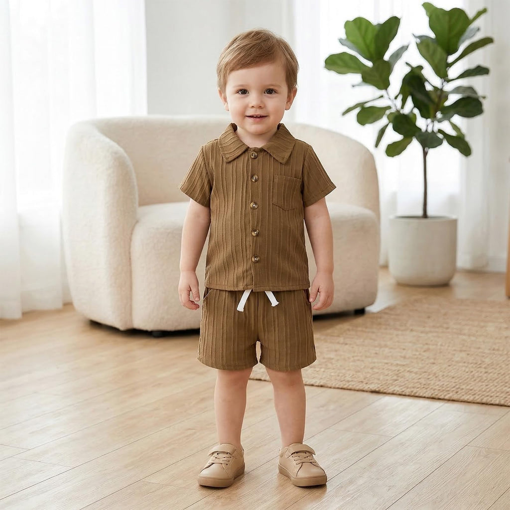 Toddler Boy Clothes Ribbed Button Shirt + Shorts 2pcs L-Brown