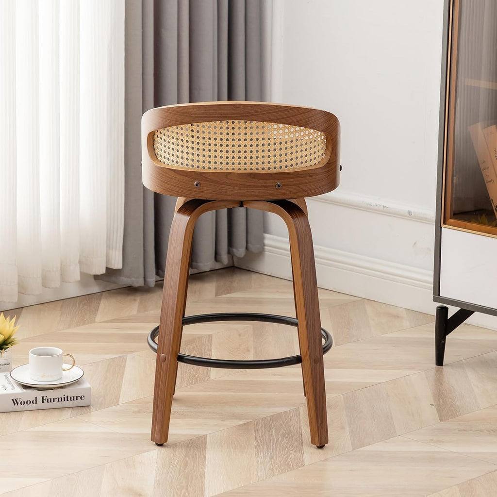 Swivel Rattan Bar Stools Set of 2 with Back, Black Leather barstool chairs