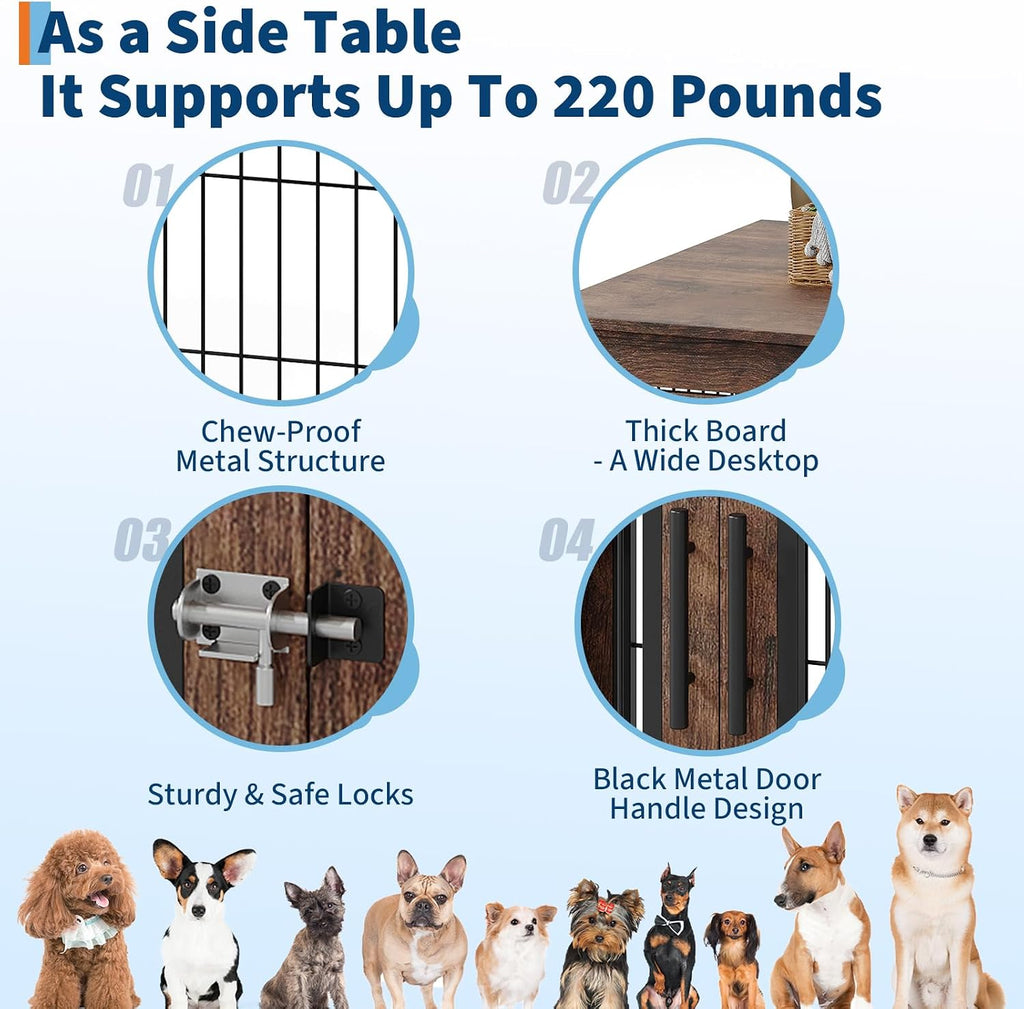 Farmhouse Dog Crate Furniture End Table - Heavy Duty Wooden Kennel Cabinet with Double Doors for Small/Medium Dogs