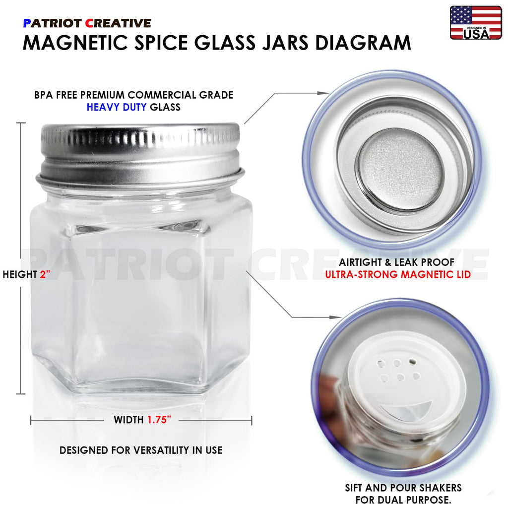 Set of 25 Hexagon Glass Spice Jars with Shaker Lids and Labels for Refrigerator, Kitchen, RV Travel Trailer Magnetic