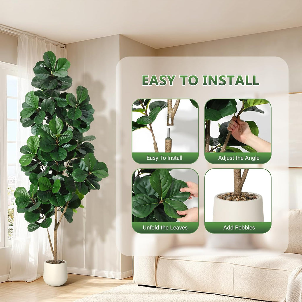 7ft Artificial Fiddle Leaf Fig Tree, 141 Realistic Faux Ficus Lyrata Leaves with 3D Veins, 9in White Ceramic Planter