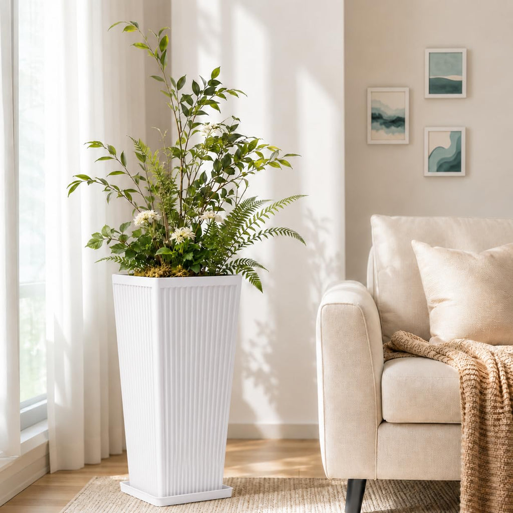 24" Tall Planters for Outdoor Plants Set of 2 Square Fluted, White