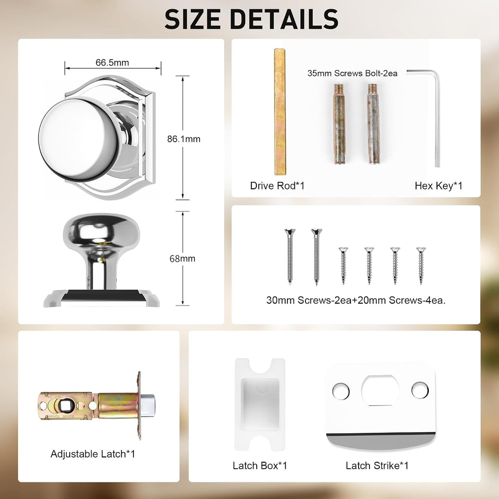 Passage Door Knob Interior, Bright Chrome, Zinc Alloy