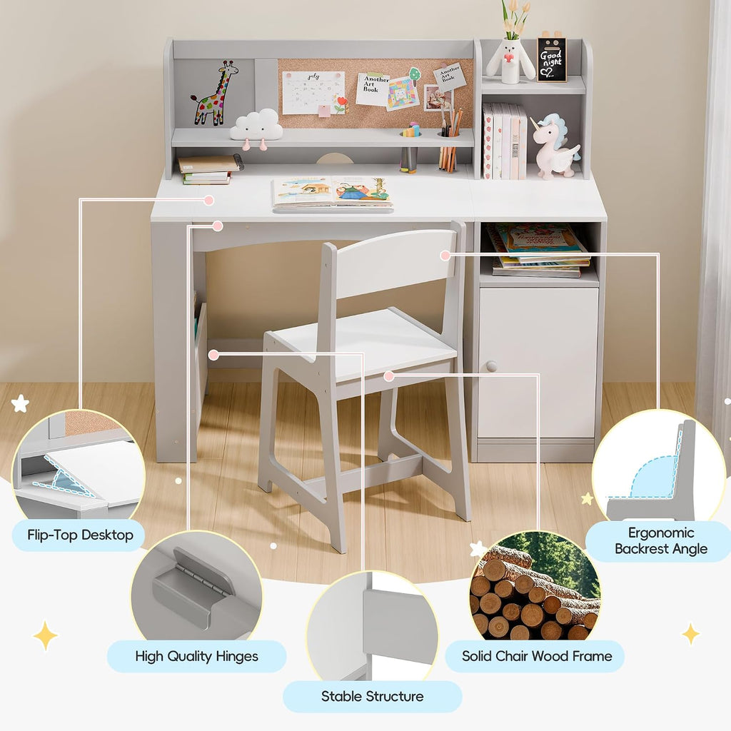 Kids Desk and Chair Set, Wooden Desk for Kids with Tiltable Desktop & Hutch, Kid Desk with Storage Cabinet, Study