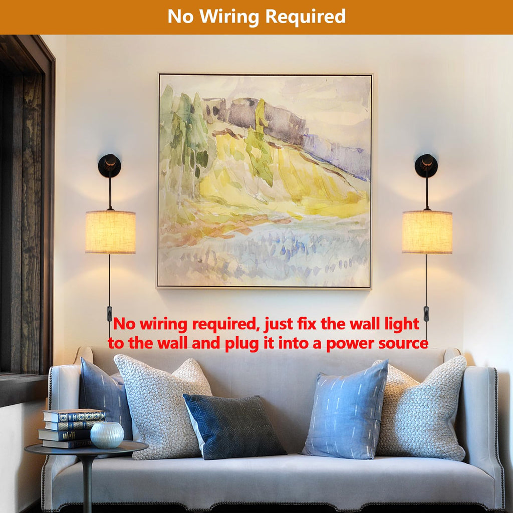 Wall Sconces Set of Two, Plug in Sconces Wall Lighting with Fabric Shade, Farmhouse Wall Lamps with Plug in Cord