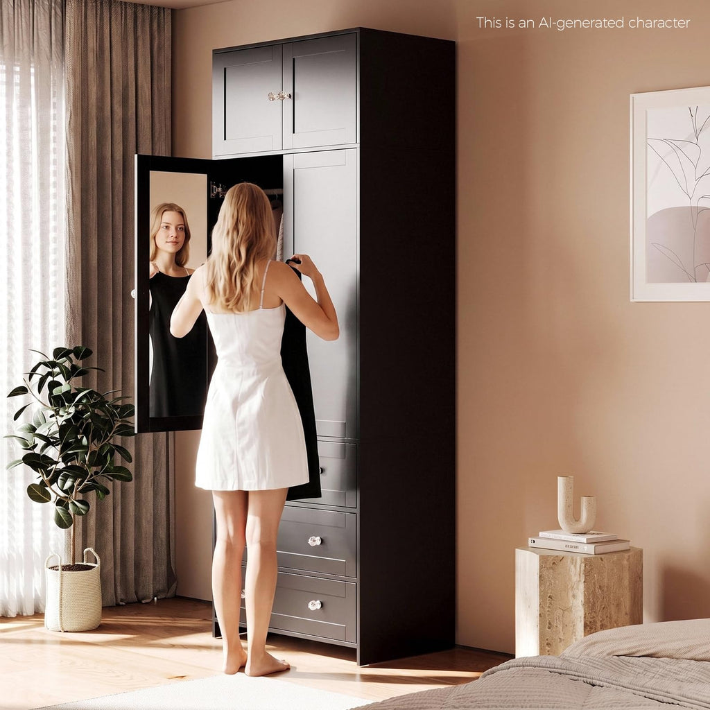 87" H Tall Armoire Wardrobe Closet with 3 Drawers and Mirror