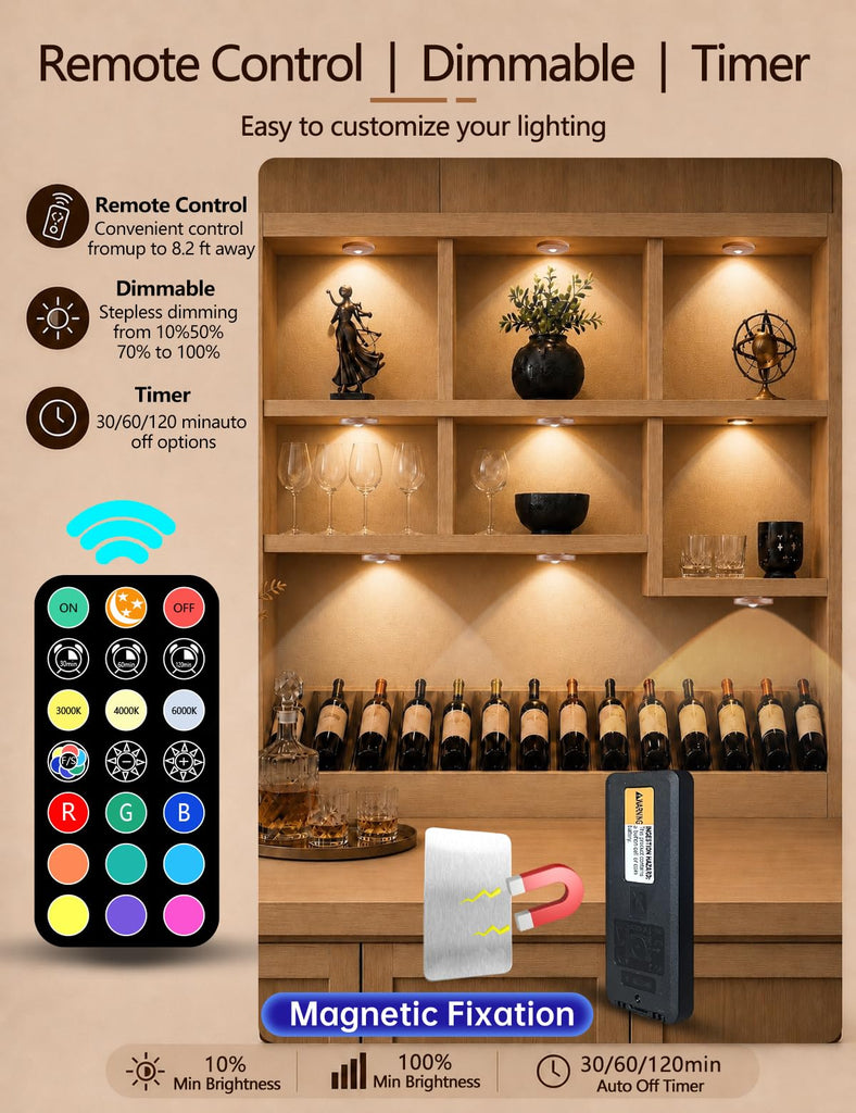 Puck lights with remote, 2000mAh rechargeable cabinet light, Under Cabinet Lighting Wireless, Display Cabinet