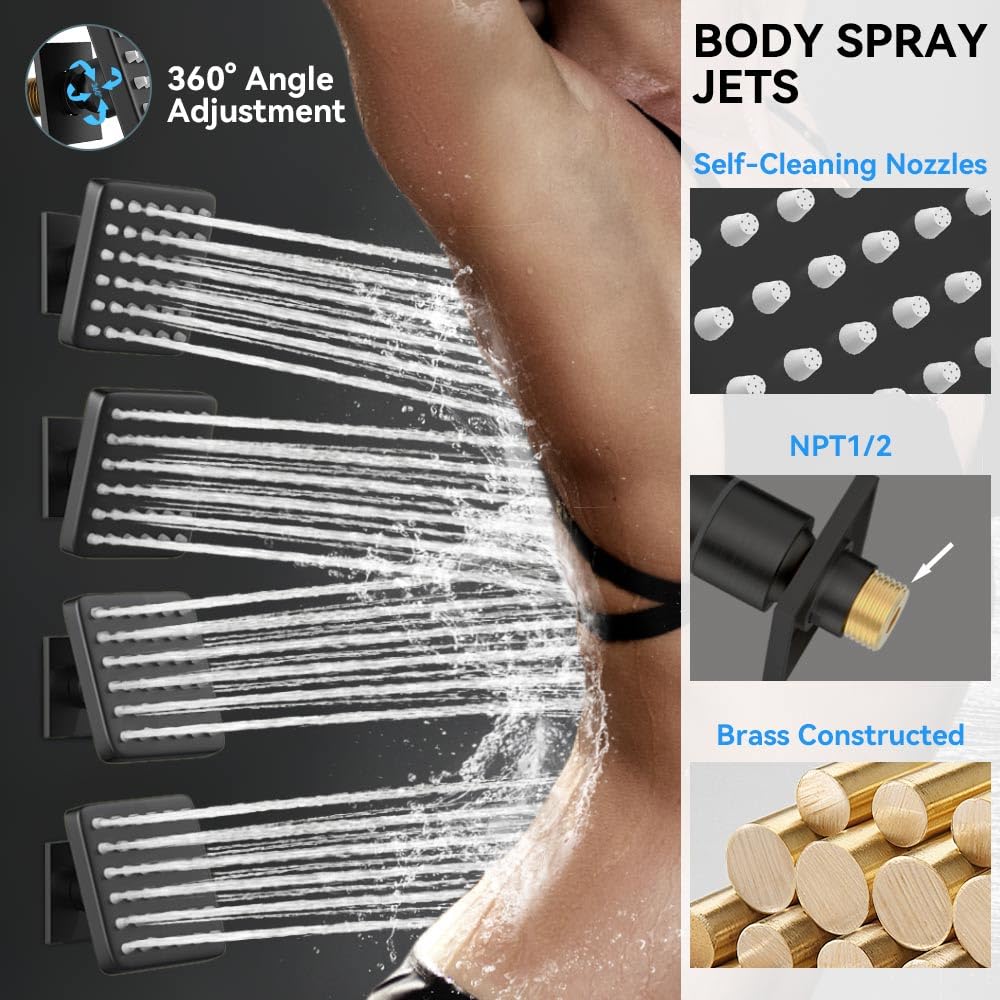Thermostatic Shower System with Body Jets, 12" Rain Shower with 2 in 1 Handheld, Can Use All at Once, Push Button