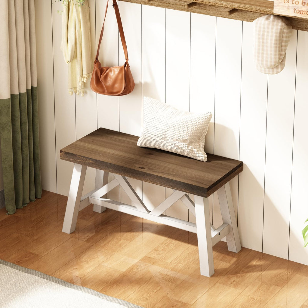 30" Farmhouse Solid Wood Bench, Rustic Entryway Bench, White