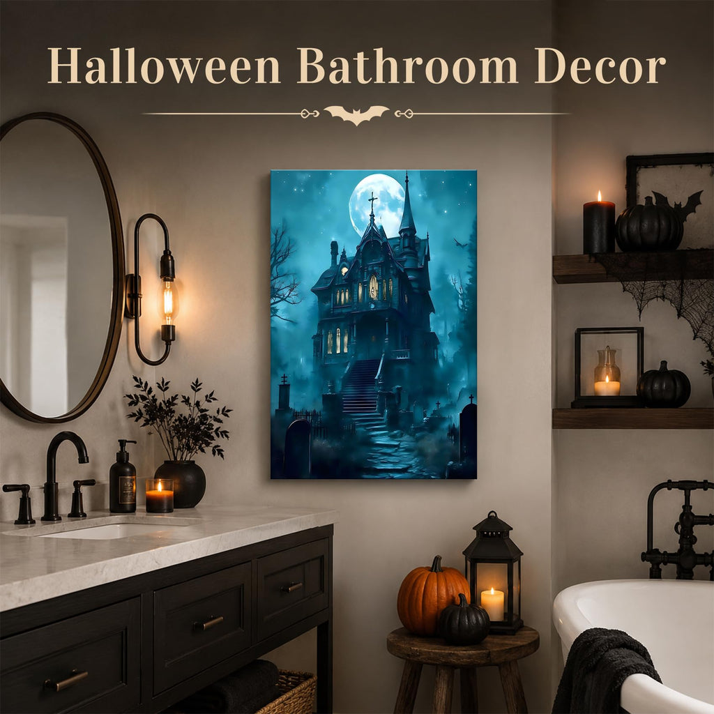 Framed Halloween Canvas Art Haunted Mansion in Foggy Forest Under Full Moon, Gothic Horror Landscape Artwork Canvas