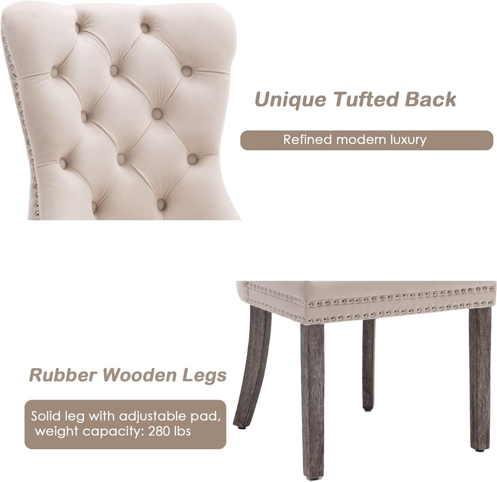 KCC Velvet Dining Chairs Set of 2, Upholstered High-end Tufted Dining Room Chair with Nailhead Back Ring Pull Trim