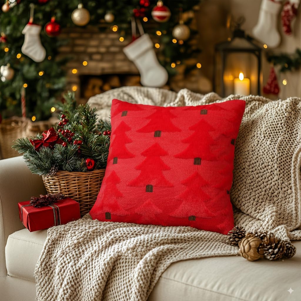 Christmas Pillow Covers 22x22 Inch Set of 2, Christmas Decorations Xmas Tree Soft Plush Fluffy Faux Fur Decorative