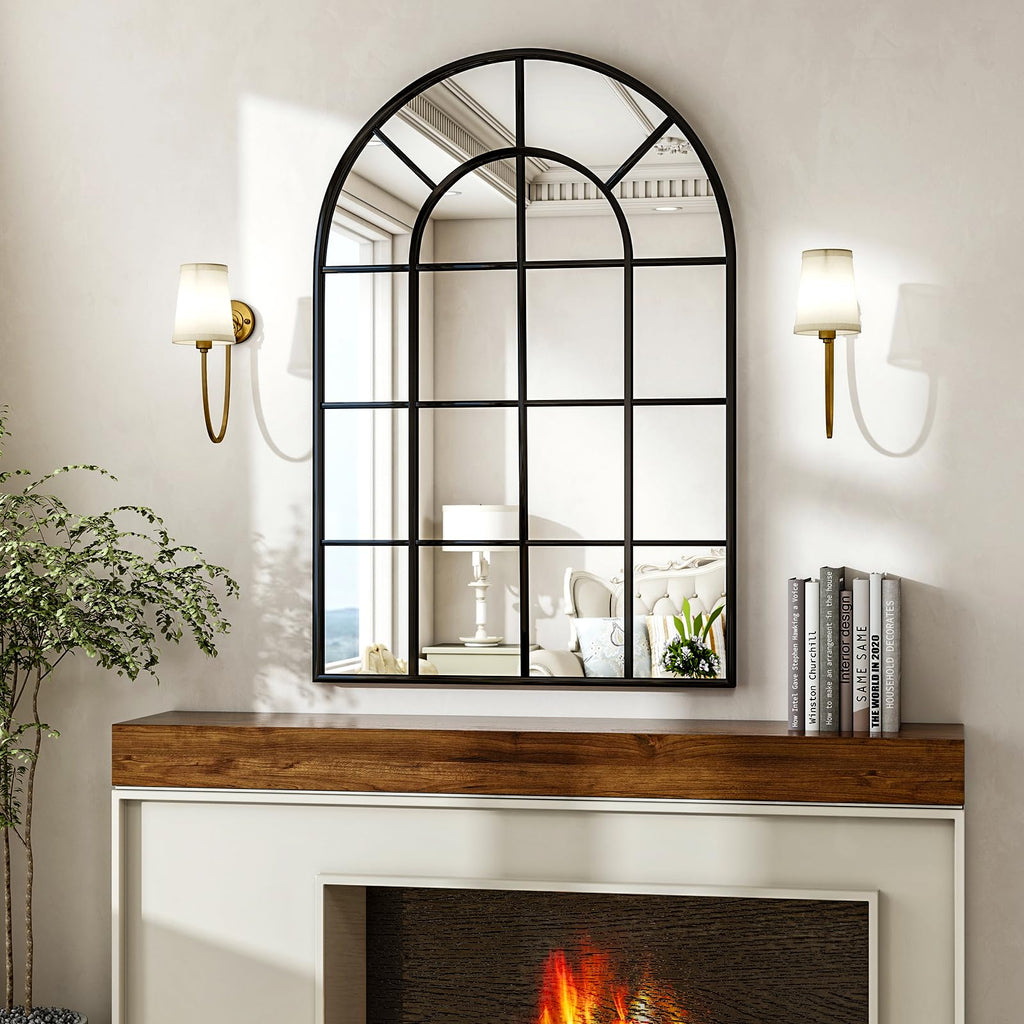 24"×36" Windowpane Arched Wall Mirror with Metal Frame, Black