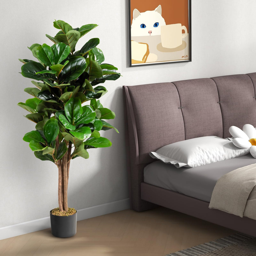 5FT Artificial Greenery Tree, Indoor Fake Fiddle Leaf Fig Tree Plants in Pot, Faux Ficus Lyrata Tree Decoration
