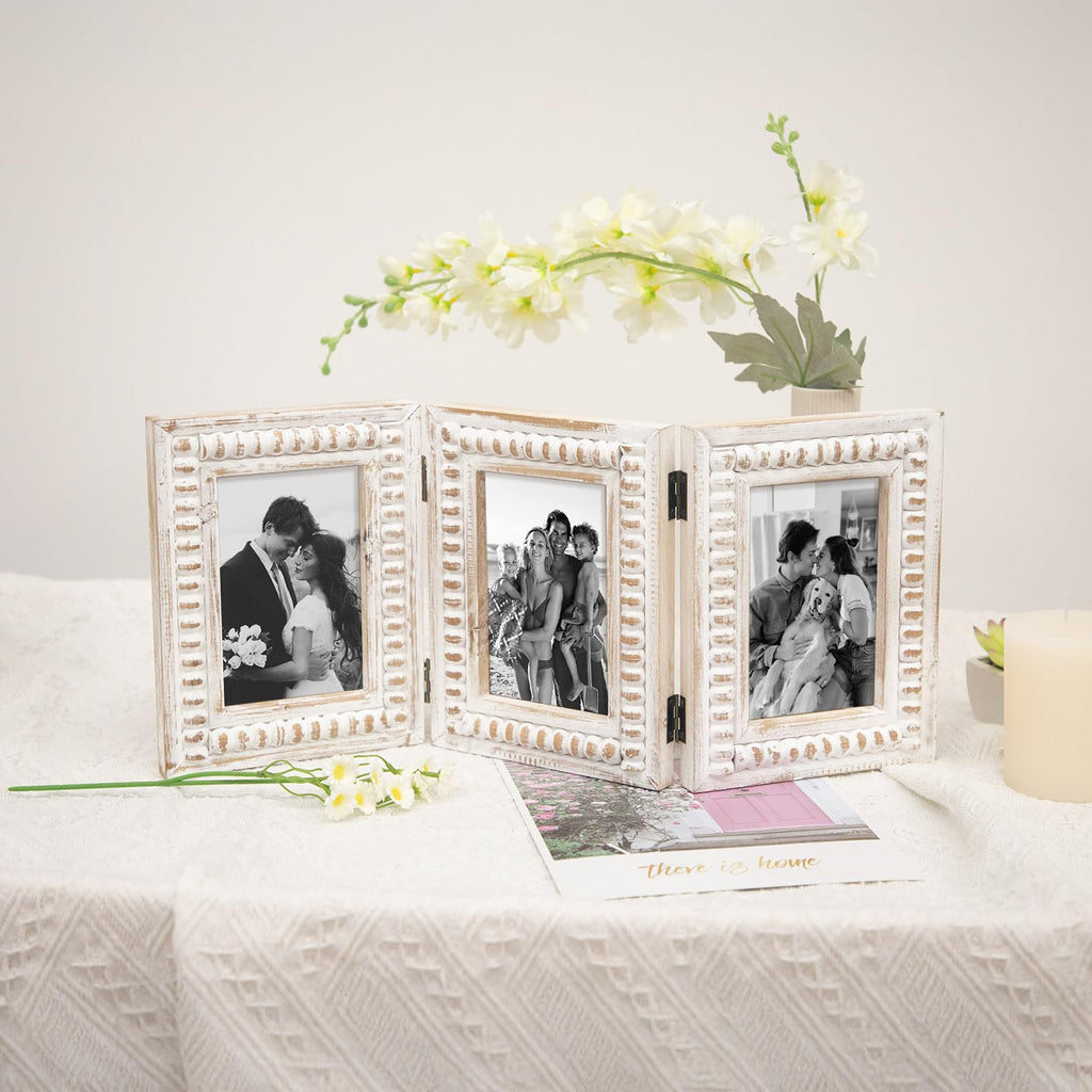 HOME Whitewashed Folding 3 Picture Frame 4x6, Wooden Triple 4 x 6 Picture Frame for Tabletop Display, Farmhouse