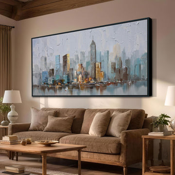 NYC City Canvas Wall, New York City Painting Abstract Modern Skyline Grey Picture Large Size Artwork Hallway Home