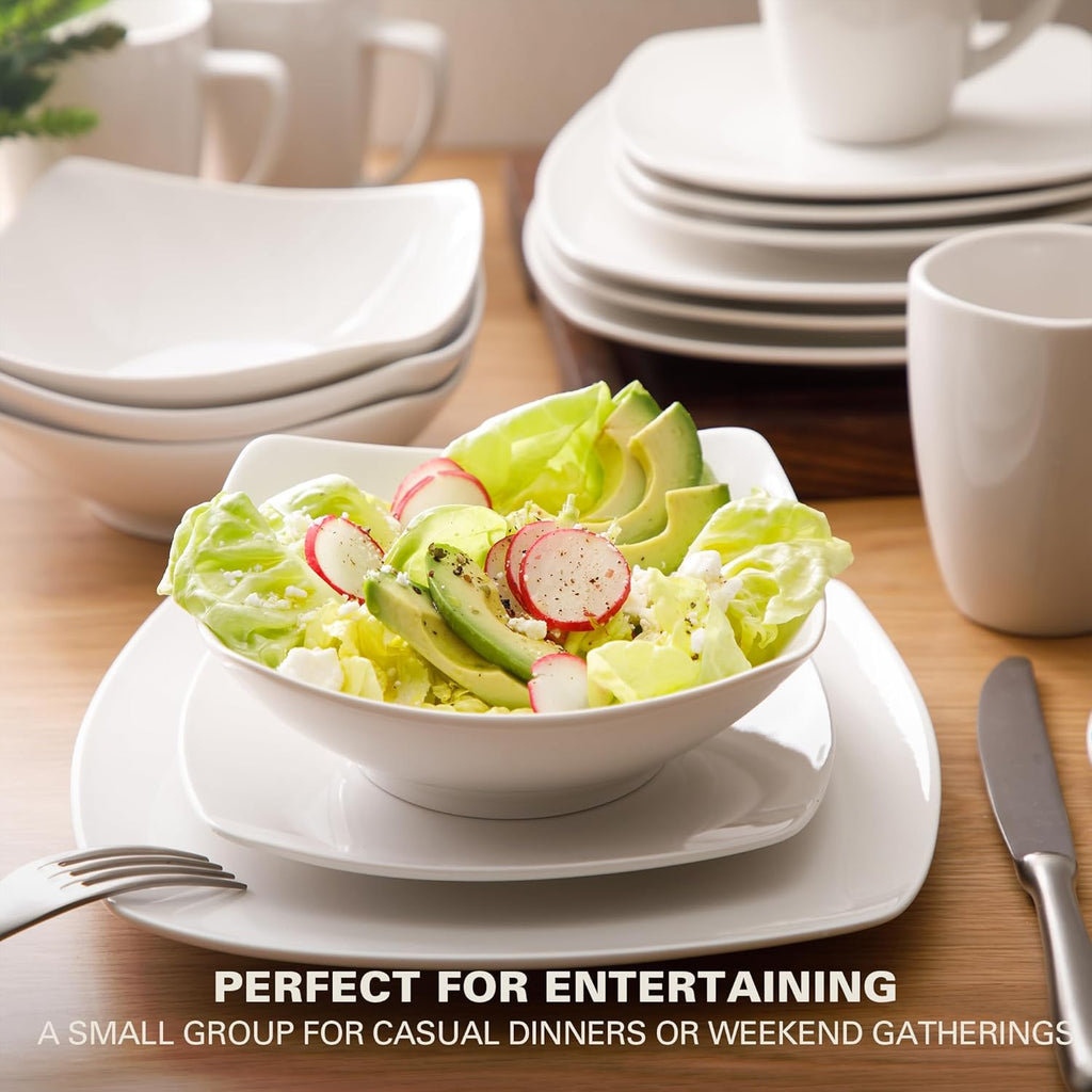 Zen Buffet White Porcelain Dinnerware Set for 4, Square Plates Bowls and Mugs, Chip and Scratch Resistant