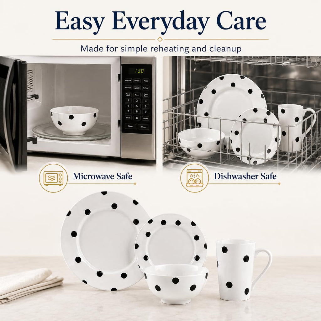 Black and White Polka Dot Dinnerware Set for 4, 16-Piece
