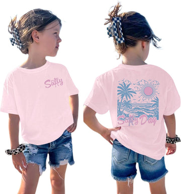 Girl's Hawaiian Graphic Tees Cute Preppy Shirts for Kids Salty Beach Printed Tshirt Casual Summer Tops