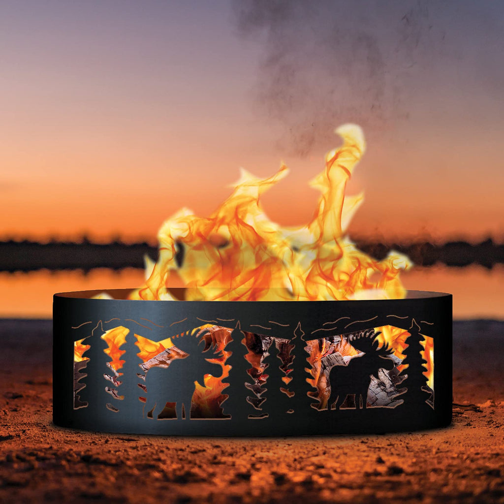 Moose Unpainted 12 in. Tall 48 in. Diameter Outdoor Fire Ring with Fire Poker - 48 x 48 x 12 in. - Rustic