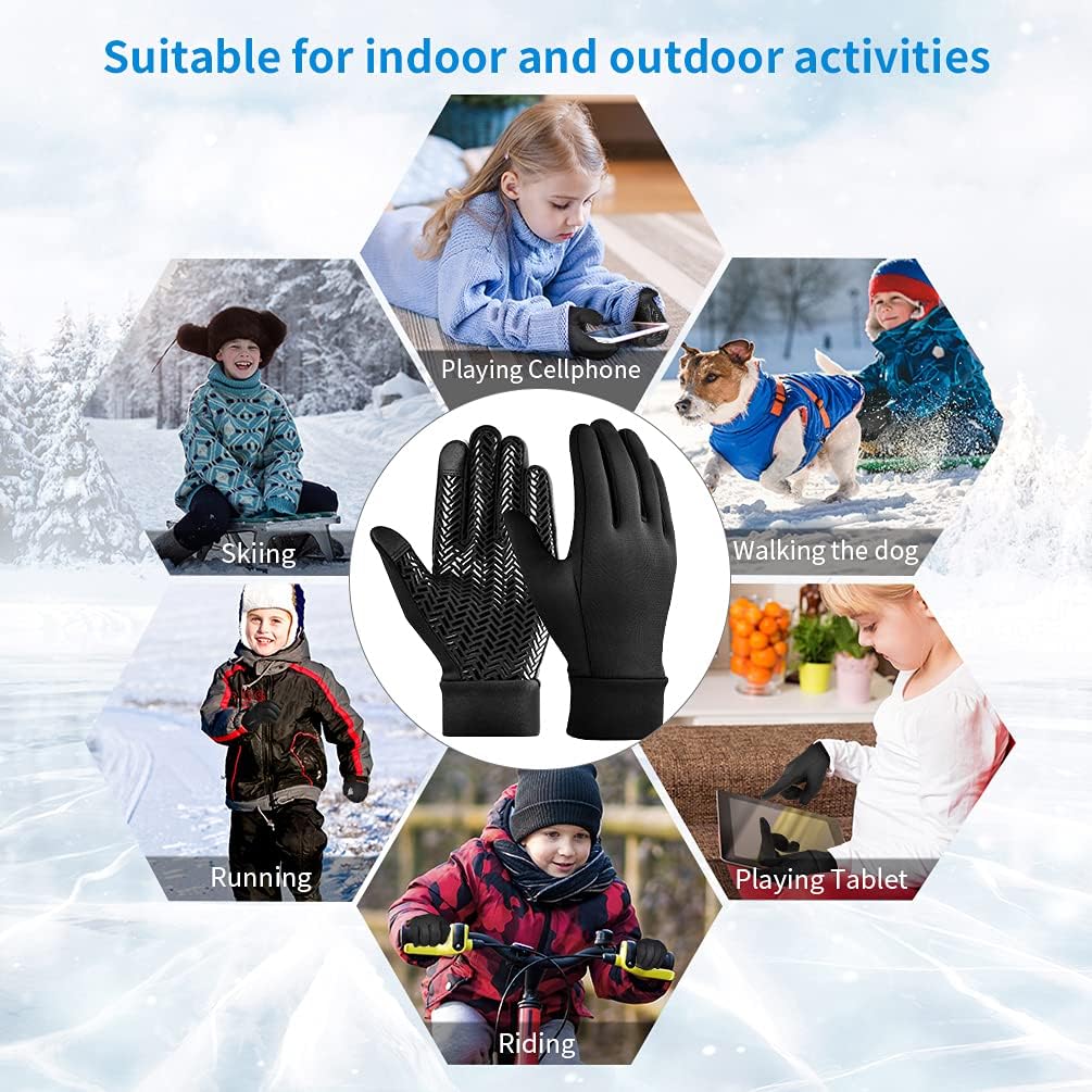 Kids Winter Touch Screen Gloves - Cold Weather Windproof Waterproof Fleece Warm Gloves Anti-Slip Cycling Mittens