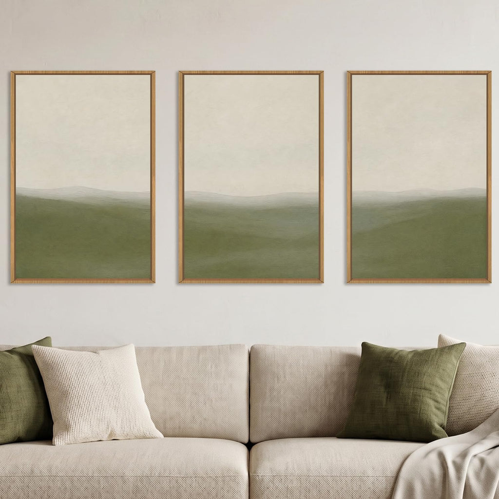 Sage Green Abstract Landscape Framed Canvas Wall Art Set, Watercolor Neutral Minimalist Mountain Wall Decor, Natural