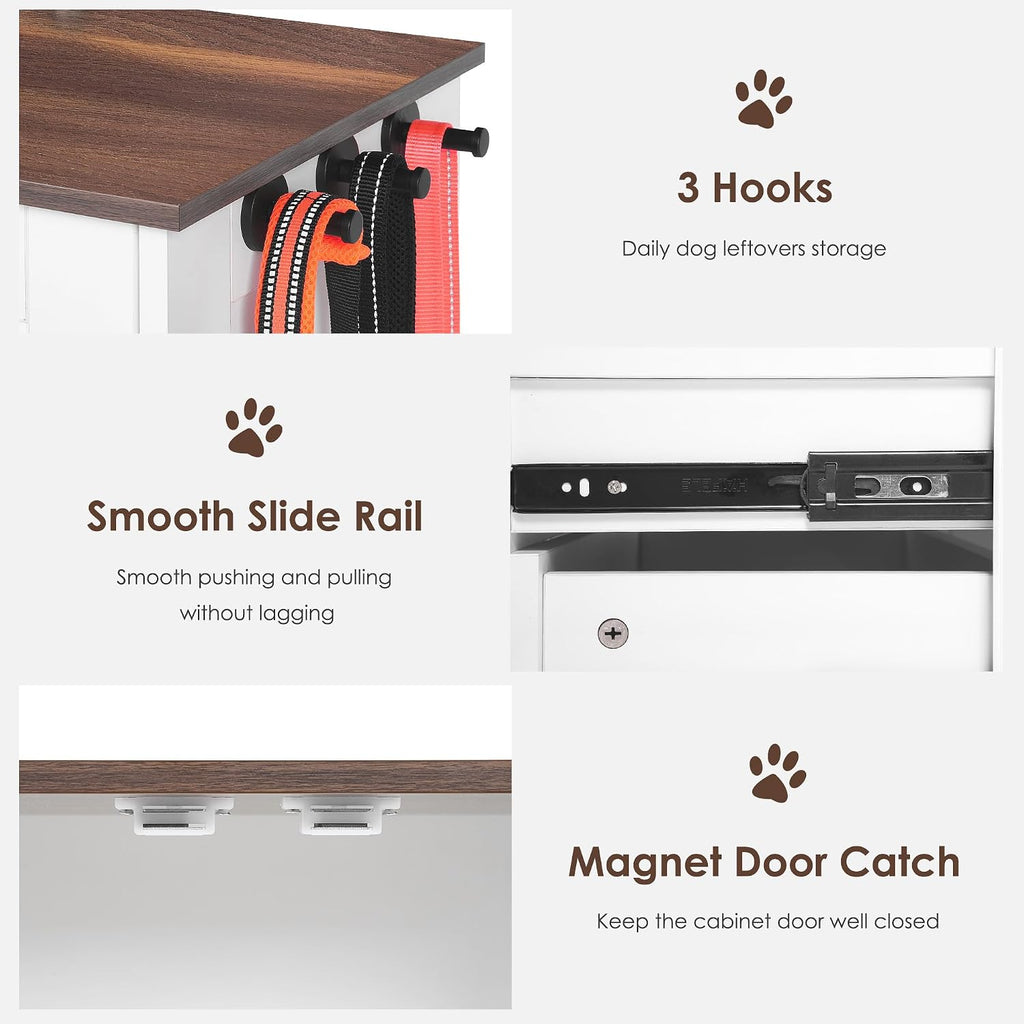 Modern Dog Food Storage Cabinet with 2 Adjustable Doggy Bowls, Pet Feeding Station with Drawer and 3 Hooks for Dogs