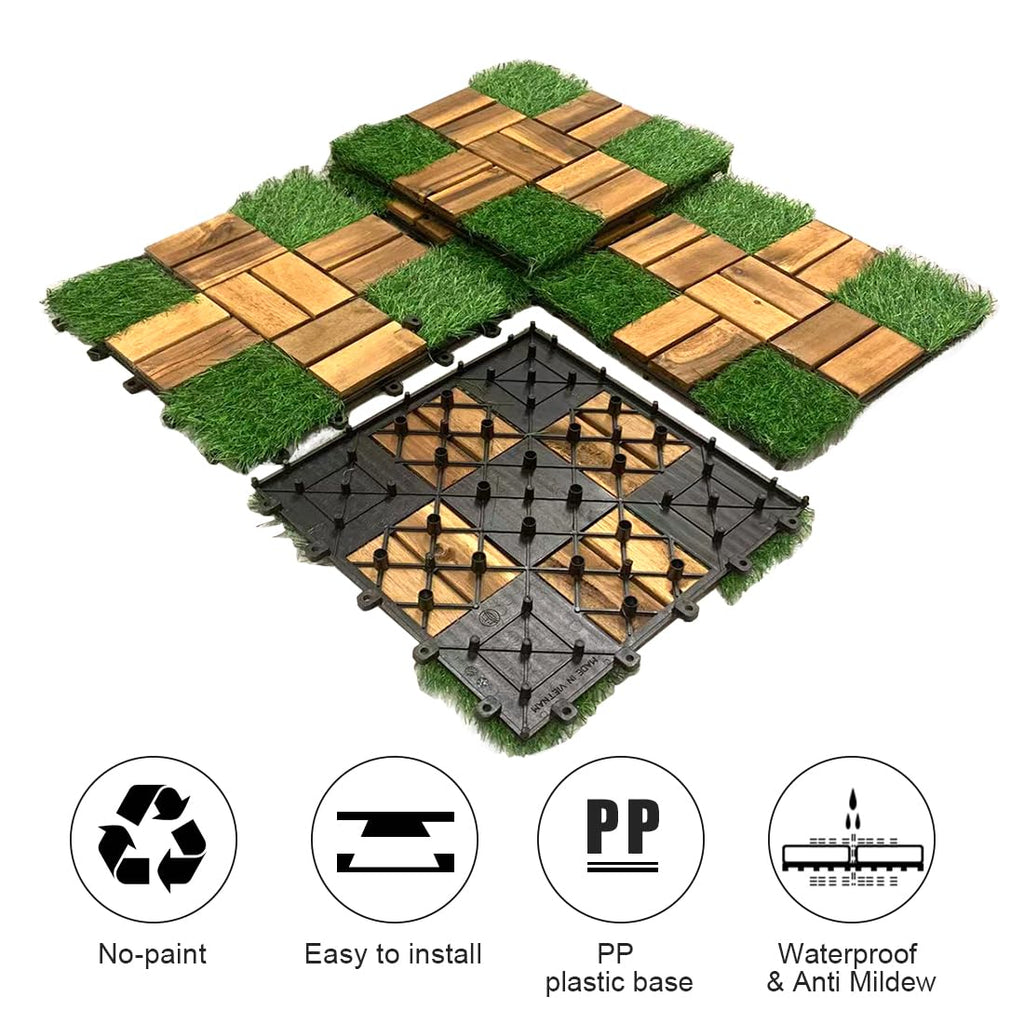 Artificial Grass with Acacia Wood Deck Tiles 10PCS 12''x12'' Interlocking Deck Tiles,Patio Deck Tiles, Wood Deck Tiles