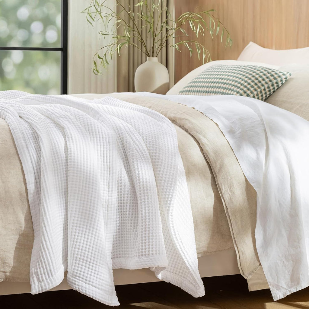 100% Cotton Waffle & Muslin Throw Blanket Large, Soft Breathable Luxury 400GSM Versatile Reversible Bedding, Great