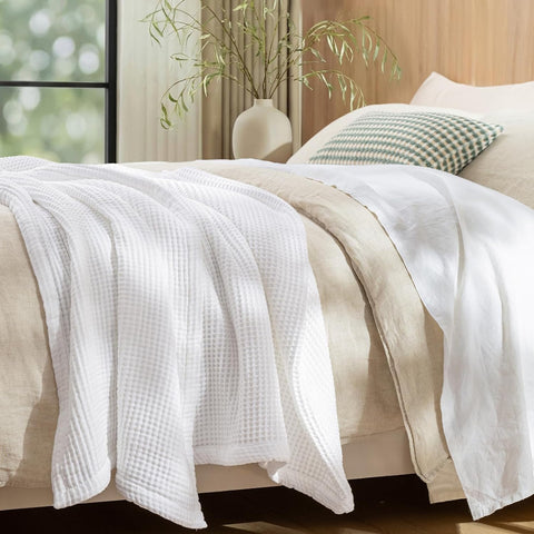 100% Cotton Waffle & Muslin Throw Blanket Large, Soft Breathable Luxury 400GSM Versatile Reversible Bedding, Great