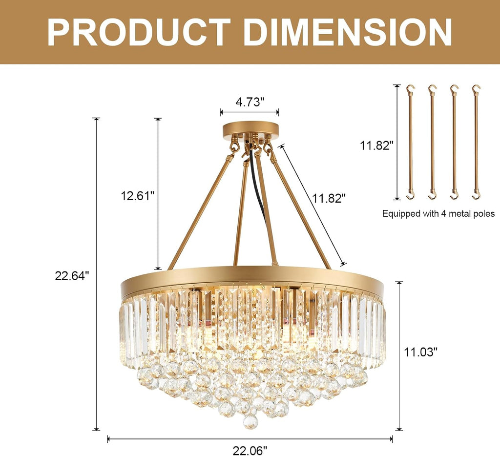 9-Light Gold Crystal Chandelier Contemporary 22'' Modern Semi Flush Mount Crystal Hanging Light Sparkling Decoration
