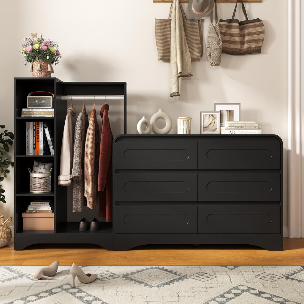 Dresser with Clothes Hanging Rack, Wardrobe Closet w/ 6 Drawers and Shelves | Pre-Installed Slides for Fast