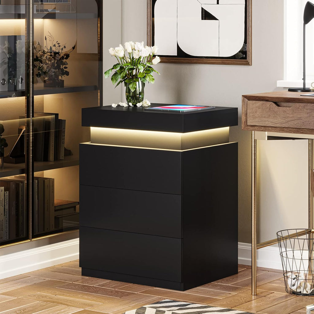 Black Nightstand with Charging Station and LED Lights | Modern Night Stand with Sliding Top,Bedside Table with