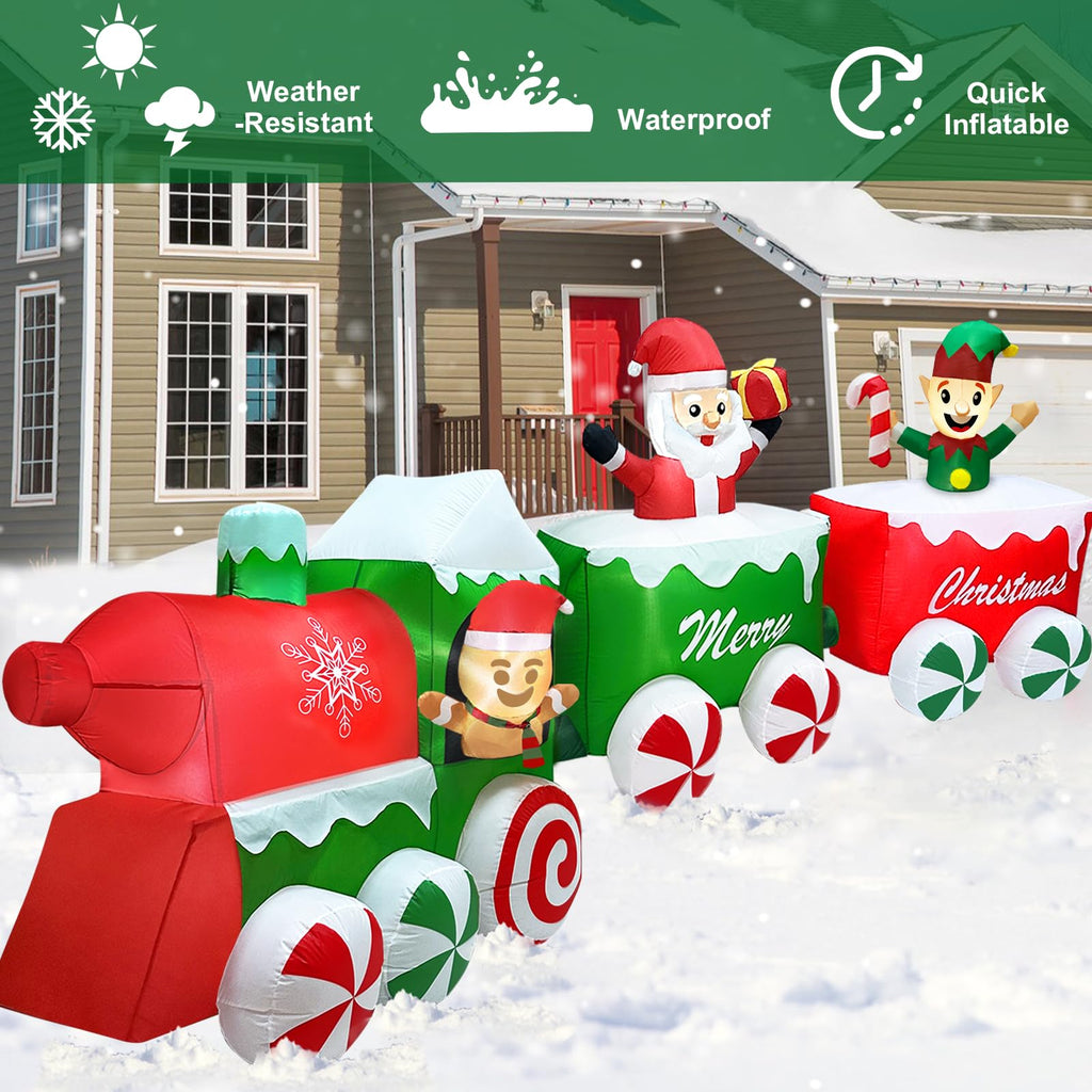 Extra Long 12 Ft Christmas Inflatables Train with Santa Claus Gingerbread Man Elf Blow Up Inflatable Outdoor