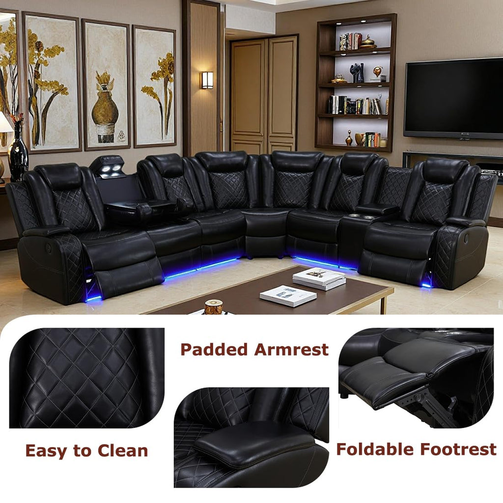 Power Reclining Sofa Set with LED Light, Leather Sectional Couch, Living Room Furniture Sets, Modern Power Recliner