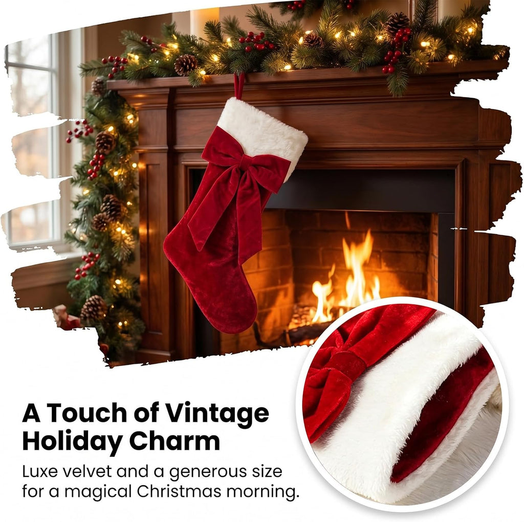 18" Red Velvet Christmas Stockings 2 Pack, Fluffy Faux Fur Mantel Decor