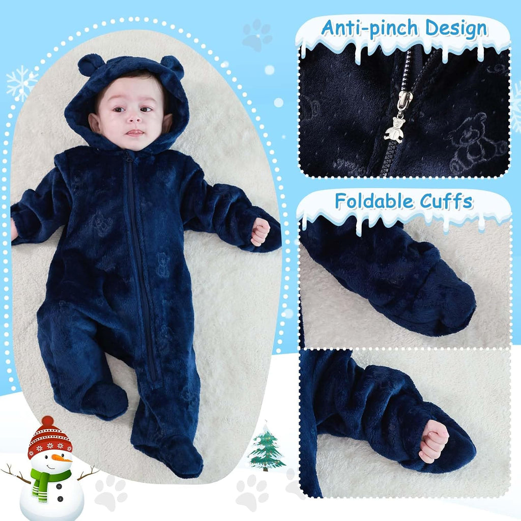 Baby Bear Suit Thin Fleece Footie Romper Snowsuit Hooded Jumpsuit Bodysuit Winter Clothes Boy Girl