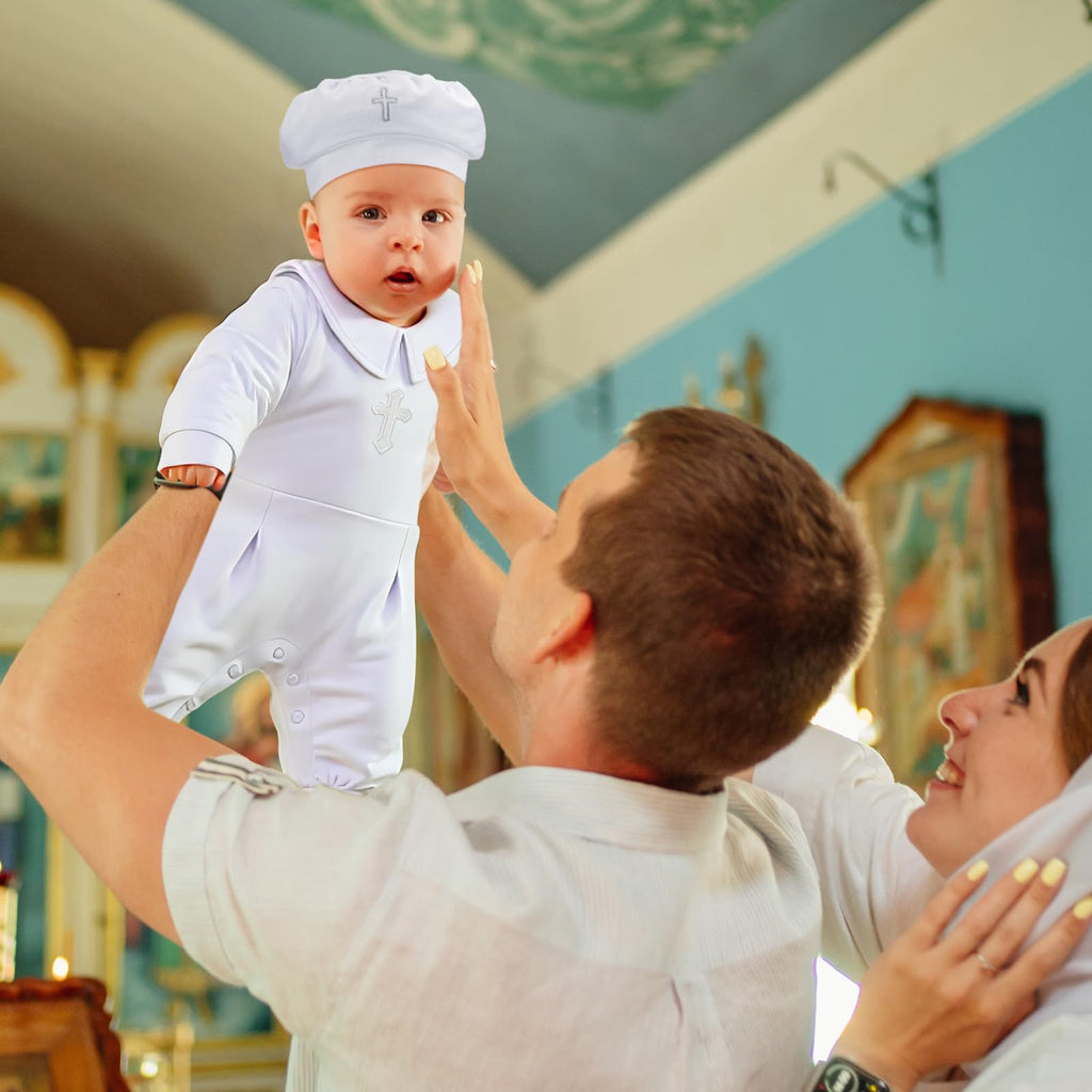 4 Pcs Baby Boy Baptism Outfits with Cross Christening Outfit Jumpsuit Hat Shoes Socks for Newborn Infant Boys(6-12