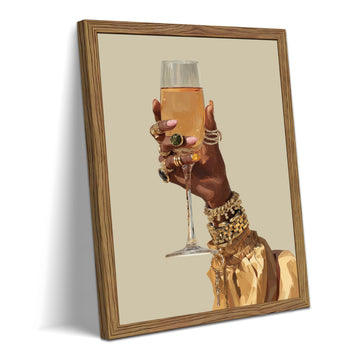 Wood Framed Black Woman Wall Art, Fashion Wall Decor, Jeweled Hand Holding Champagne Glass Canvas Print, Neutral Glam