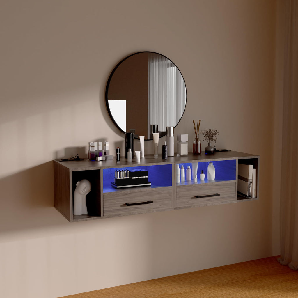 Floating Nightstand with Lights, Grayish Brown
