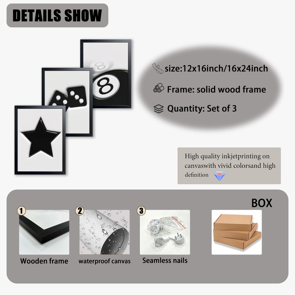 Black And White Wall Art Set of 3, Vintage Y2k Dice 8 Ball Canvas Prints Painting, Funky Lucky Preppy Posters