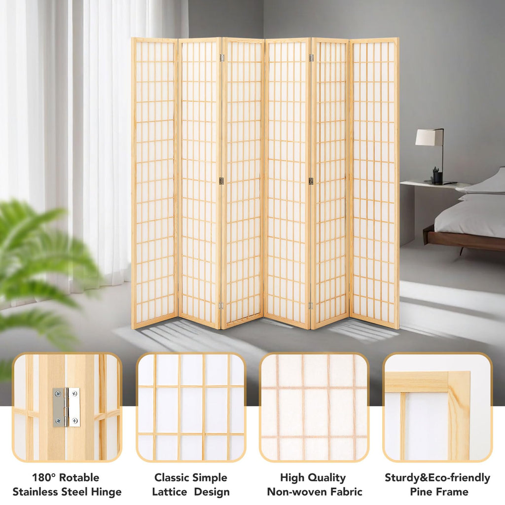 6ft Japanese Room Divider Wall, 6-Panel Shoji Privacy Screen 104" W