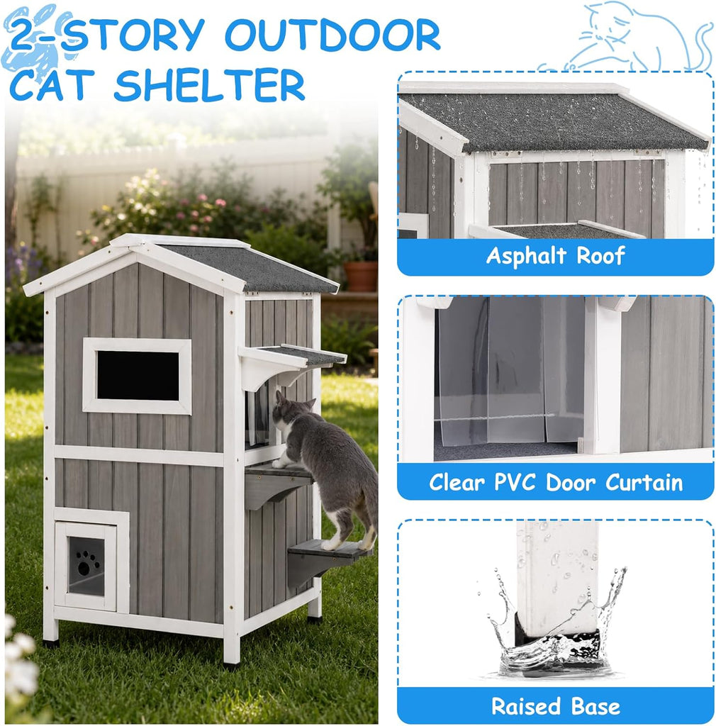 Insulated 2-Story Outdoor Cat House Weatherproof Shelter, Grey